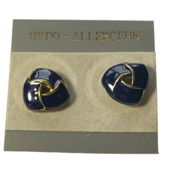 Vintage Gold & Blue Enamel Hypo-Allergenic Pierced Stud Earrings - Picture 1 of 3
